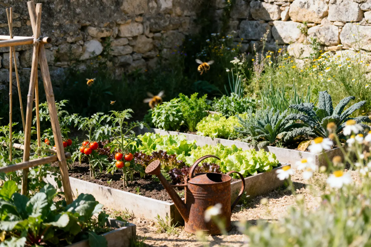 Potager ensoleillé avec tomates, laitue, persil, arrosoir rouillé, murs en pierre, fleurs sauvages et insectes en vol.