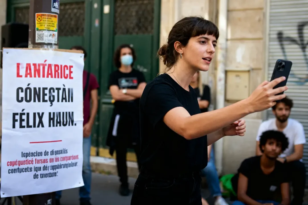 Personne tenant un téléphone, parlant, affiche en arrière-plan, groupe de gens écoutant, rue urbaine.