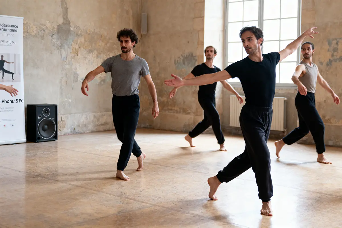 Quatre danseurs contemporains en répétition dans un studio, expression concentrée, ambiance lumineuse et décontractée.