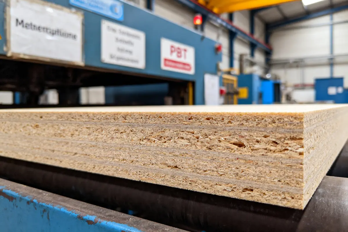 Plaque de bois stratifié dans une usine, gros plan sur les couches, machines en arrière-plan.