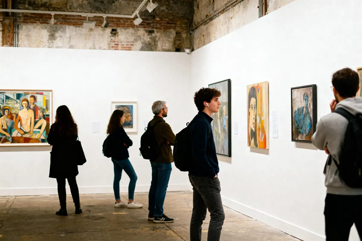 Des personnes regardent des peintures dans une galerie d'art, murs blancs, ambiance calme et lumineuse.