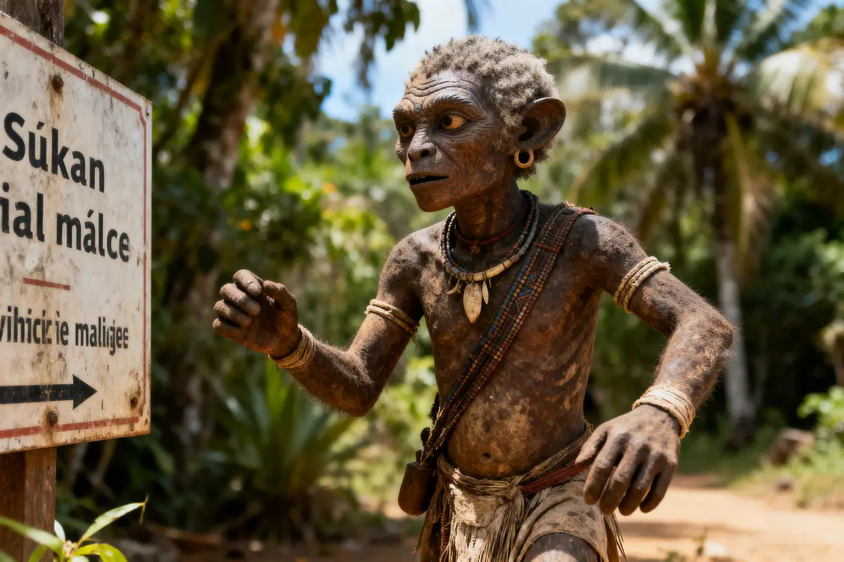 Sculpture réaliste de personnage tribal, décor tropical, près d'un panneau, ornements ethniques en plein jour.