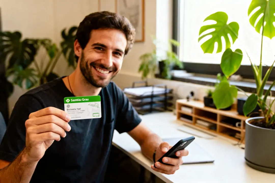 Homme souriant tenant téléphone et carte de visite, bureau avec plantes.
