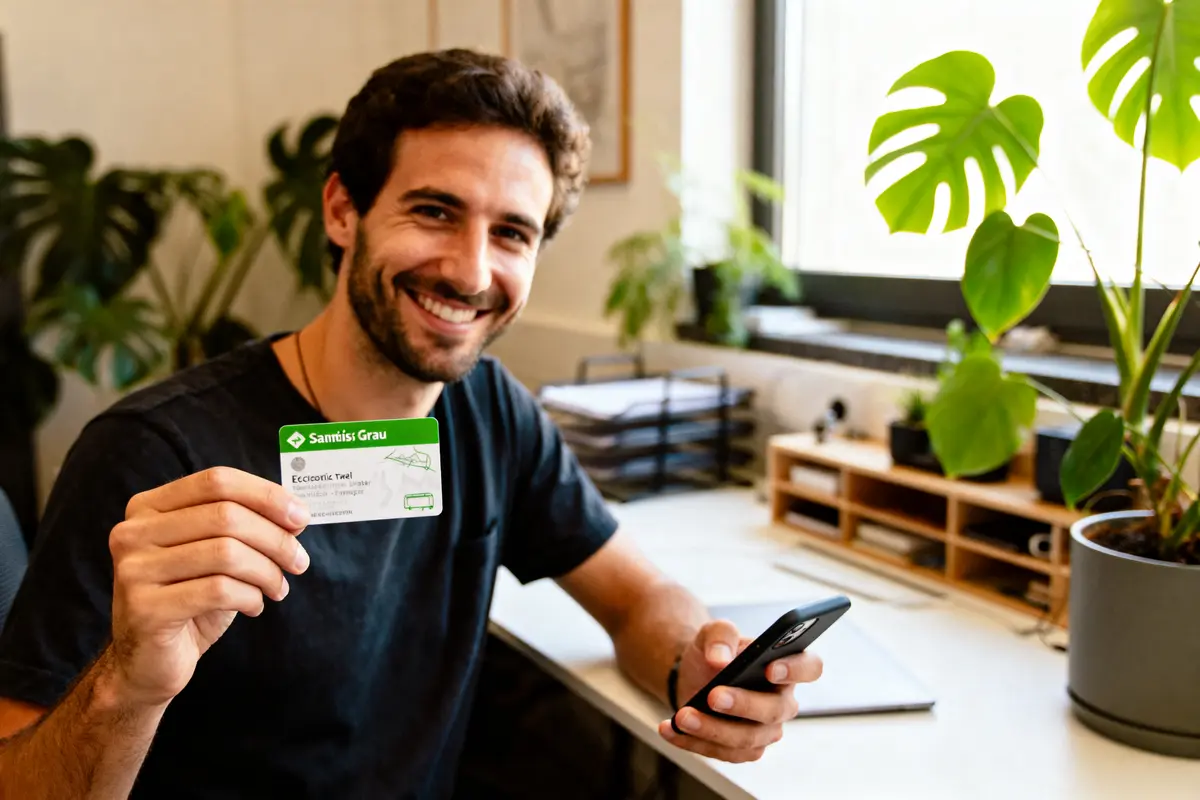 Homme souriant tenant téléphone et carte de visite, bureau avec plantes.