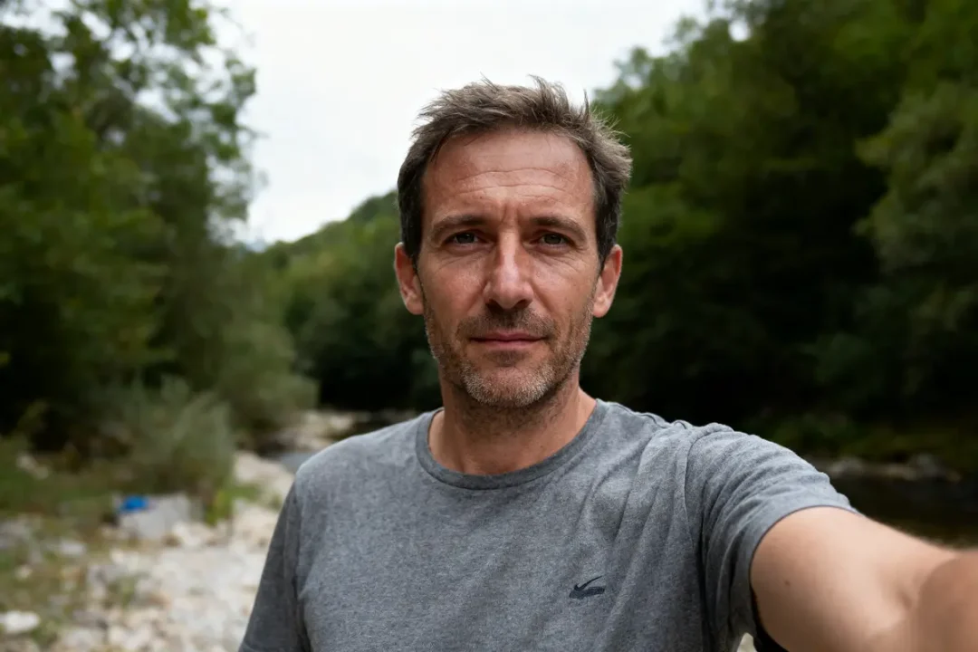 Homme en T-shirt gris devant paysage forestier, selfie en extérieur. Arrière-plan flou avec arbres et rivière.