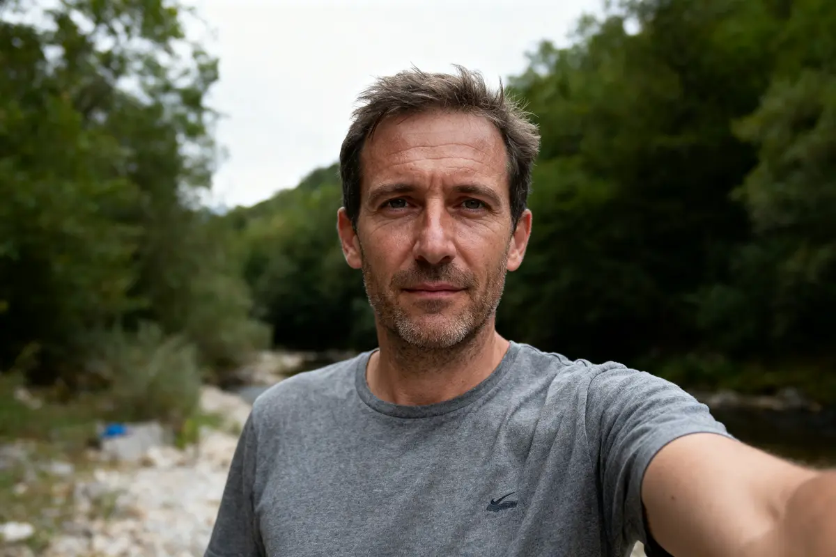 Homme en T-shirt gris devant paysage forestier, selfie en extérieur. Arrière-plan flou avec arbres et rivière.