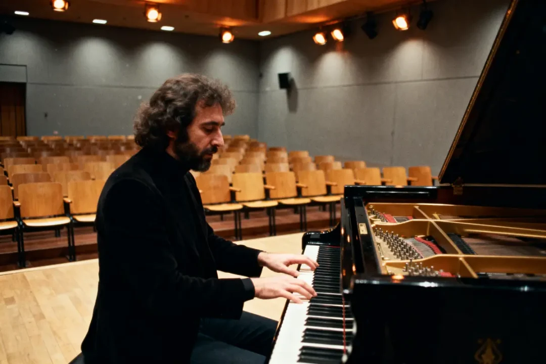 Homme jouant du piano dans une salle de concert vide, éclairage chaud, ambiance intimiste.