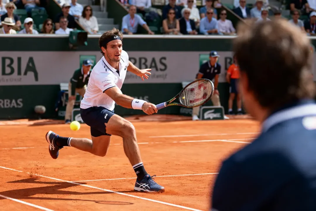 Joueur de tennis en action sur court en terre battue, public en arrière-plan.