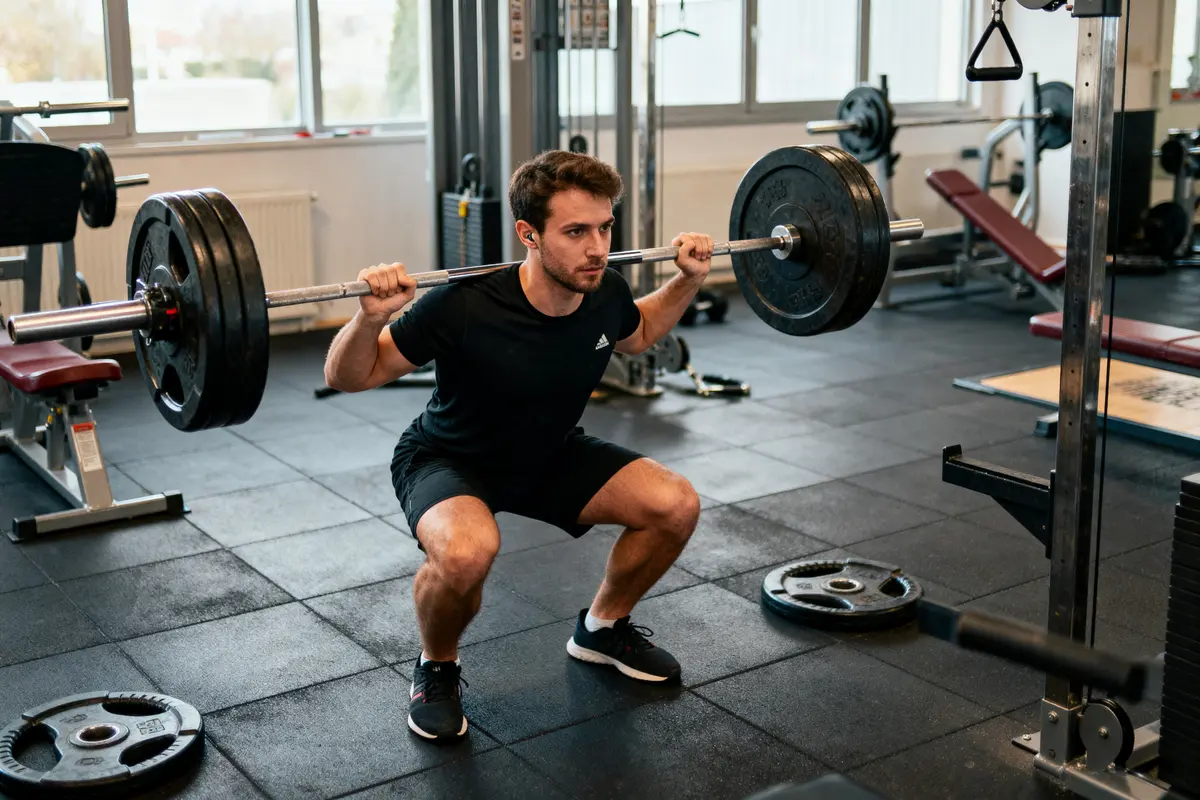 Homme en salle de sport faisant des squats avec une barre chargée, environnement de musculation visible.