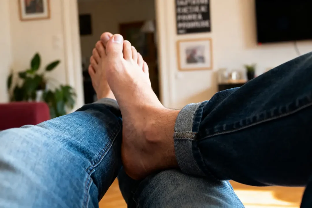 Pieds nus posés sur un canapé, jean, intérieur lumineux avec plantes et cadres muraux.