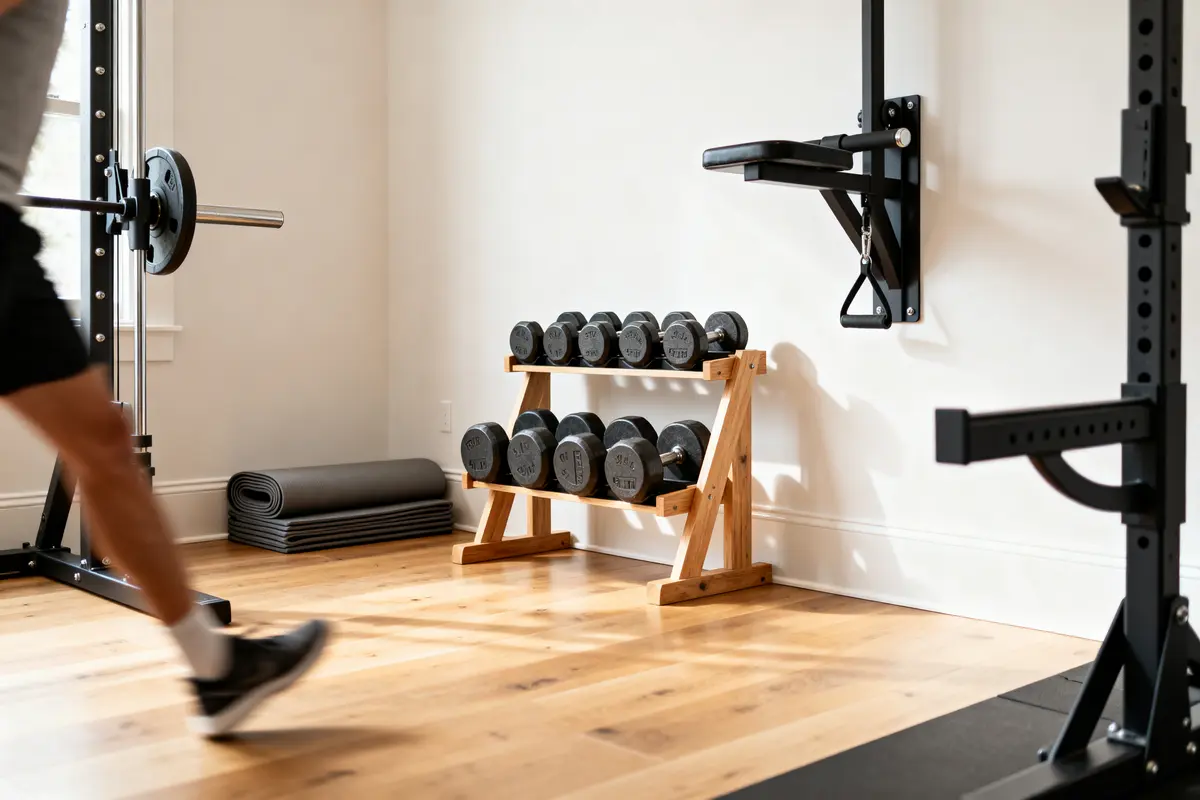 Salle de sport à domicile avec haltères, banc, tapis et équipement d'exercice, homme en mouvement flou.