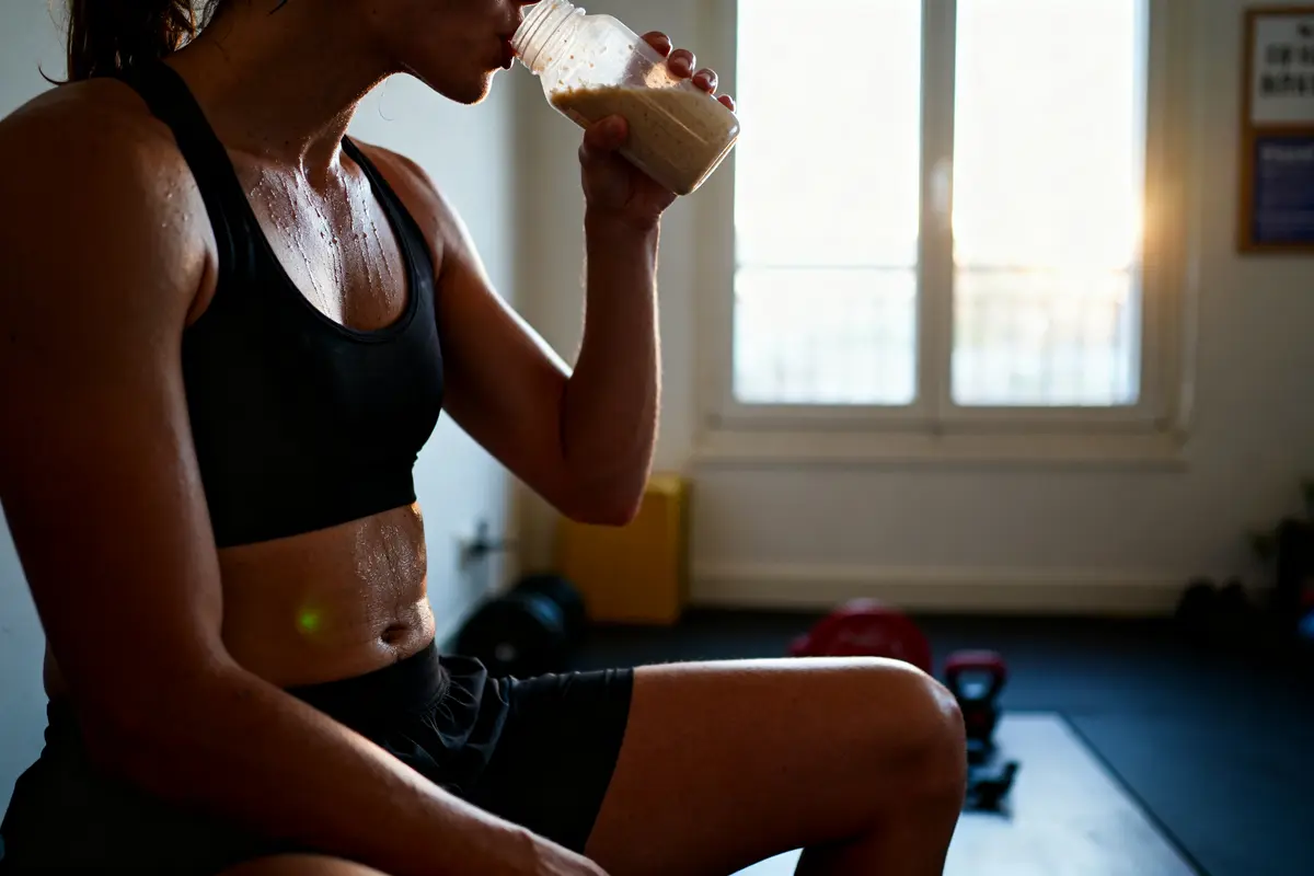 Femme en sueur buvant un shake protéiné après un entraînement, assise près d'une fenêtre.