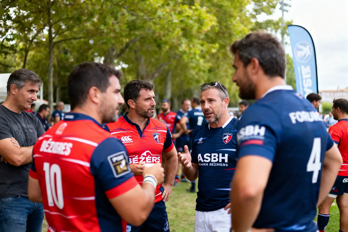 Groupe d'hommes en maillots de rugby discutant sur un terrain, avec des arbres en arrière-plan.