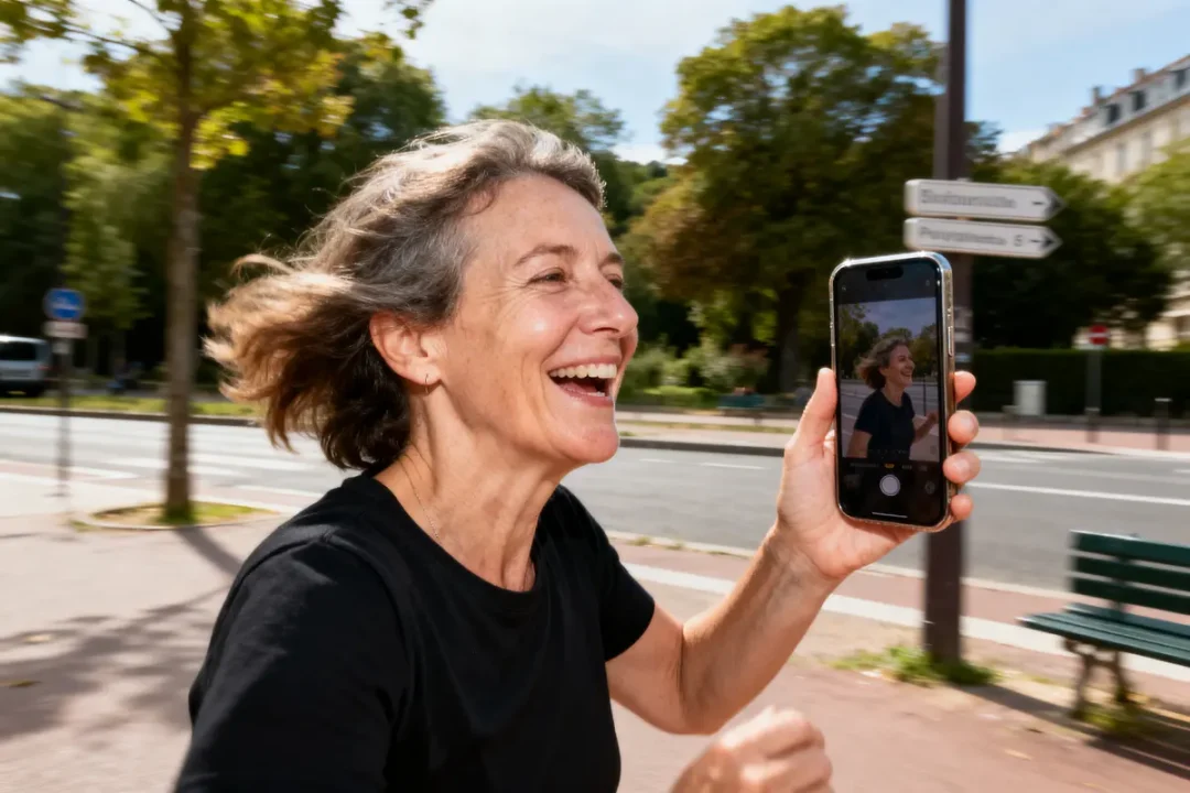 Femme souriante courant avec un smartphone, capturant un selfie en extérieur, journée ensoleillée, rues urbaines en arrière-plan.