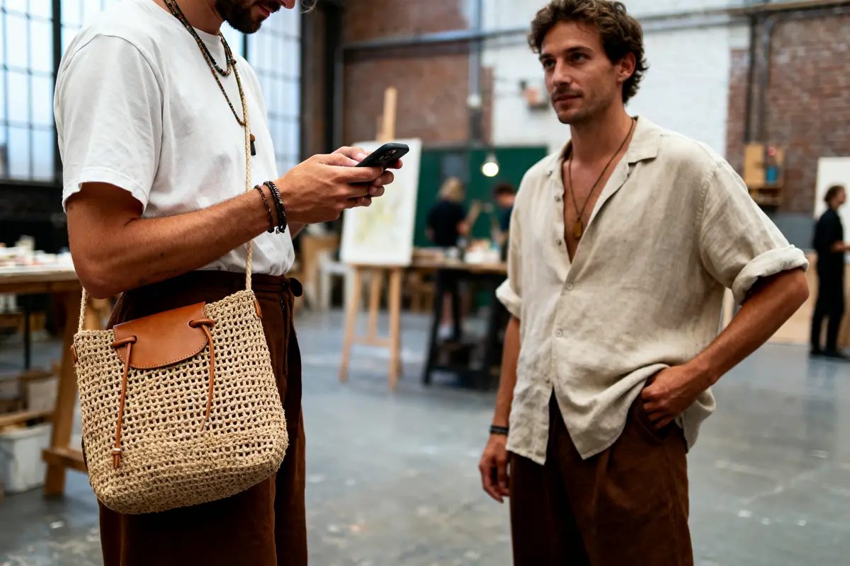 Deux hommes discutent dans un atelier, l'un regarde son téléphone, portant un sac tissé.