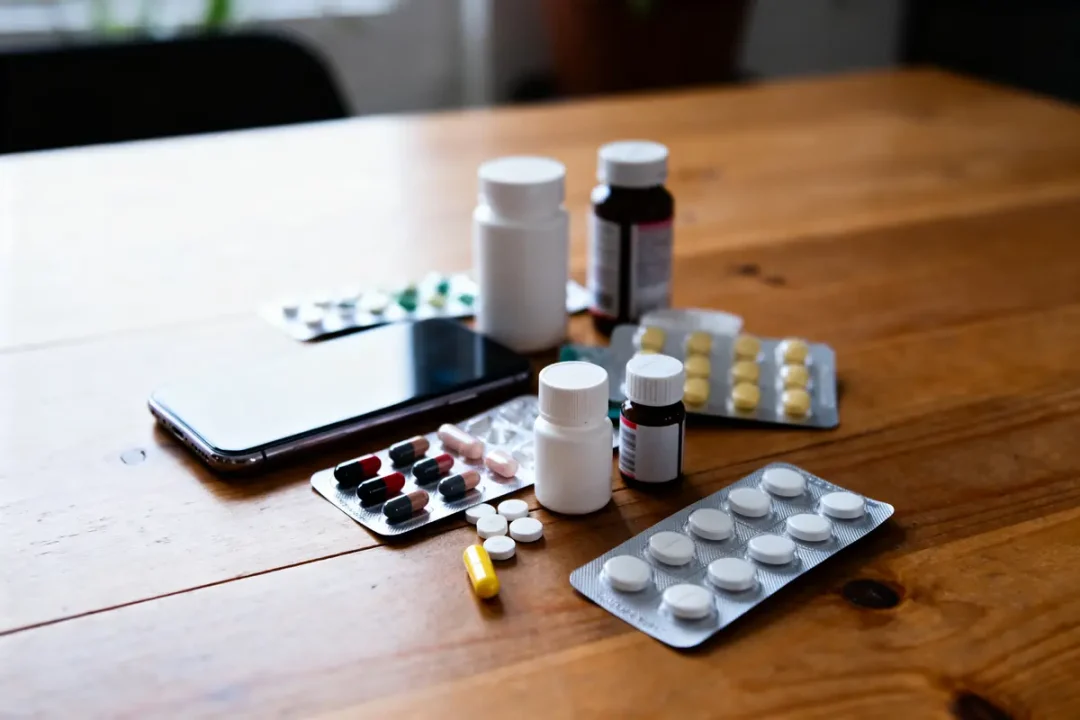 Des médicaments et un smartphone sont posés sur une table en bois.