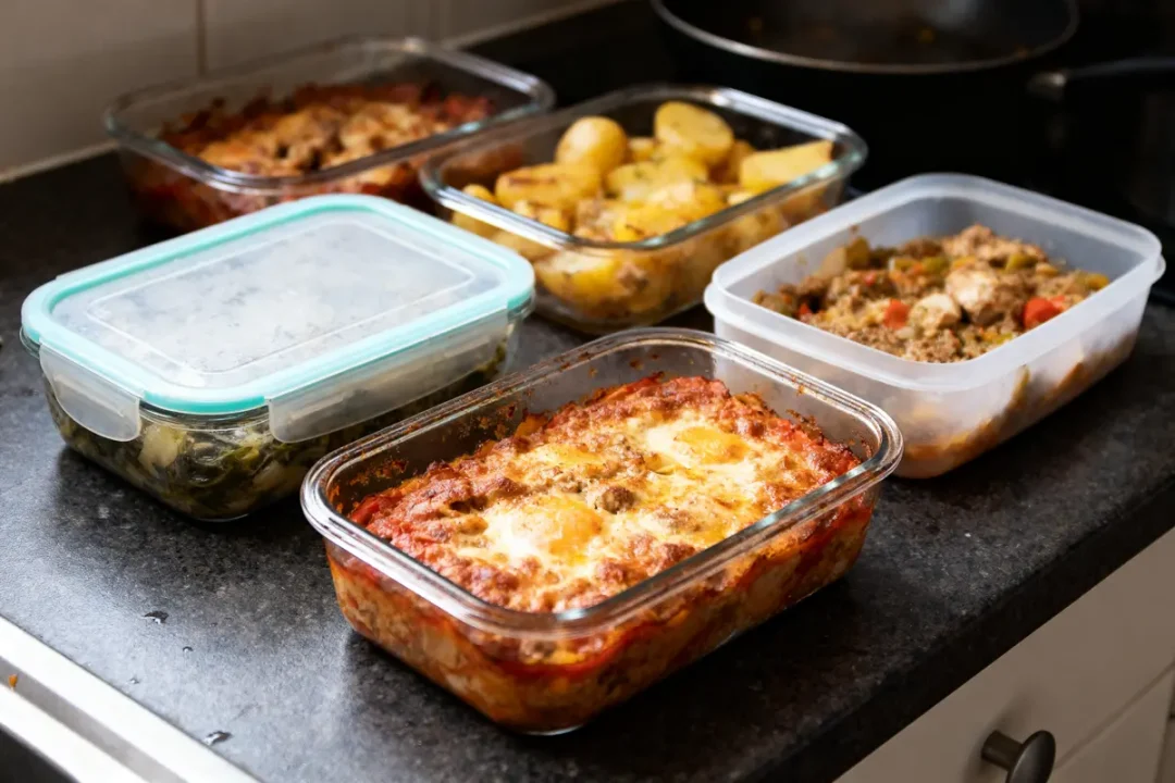 Plats cuisinés dans des récipients en verre et plastique sur un comptoir de cuisine.