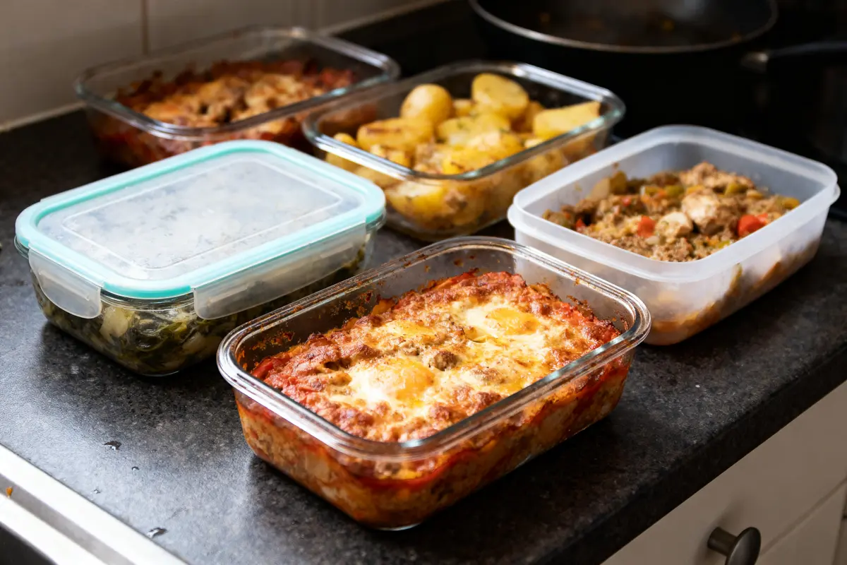 Plats cuisinés dans des récipients en verre et plastique sur un comptoir de cuisine.