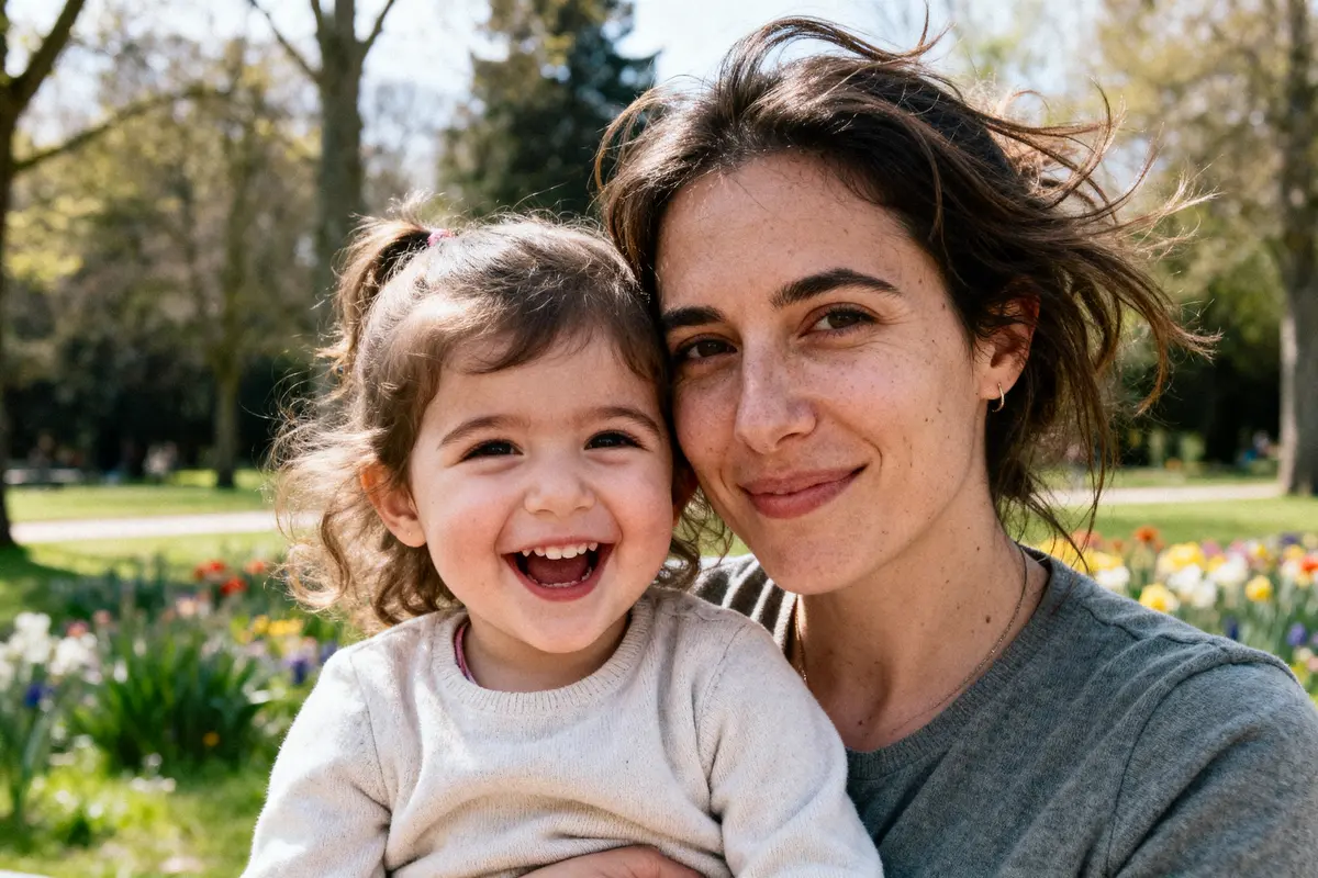 Une femme et une petite fille sourient joyeusement dans un parc fleuri par temps ensoleillé.