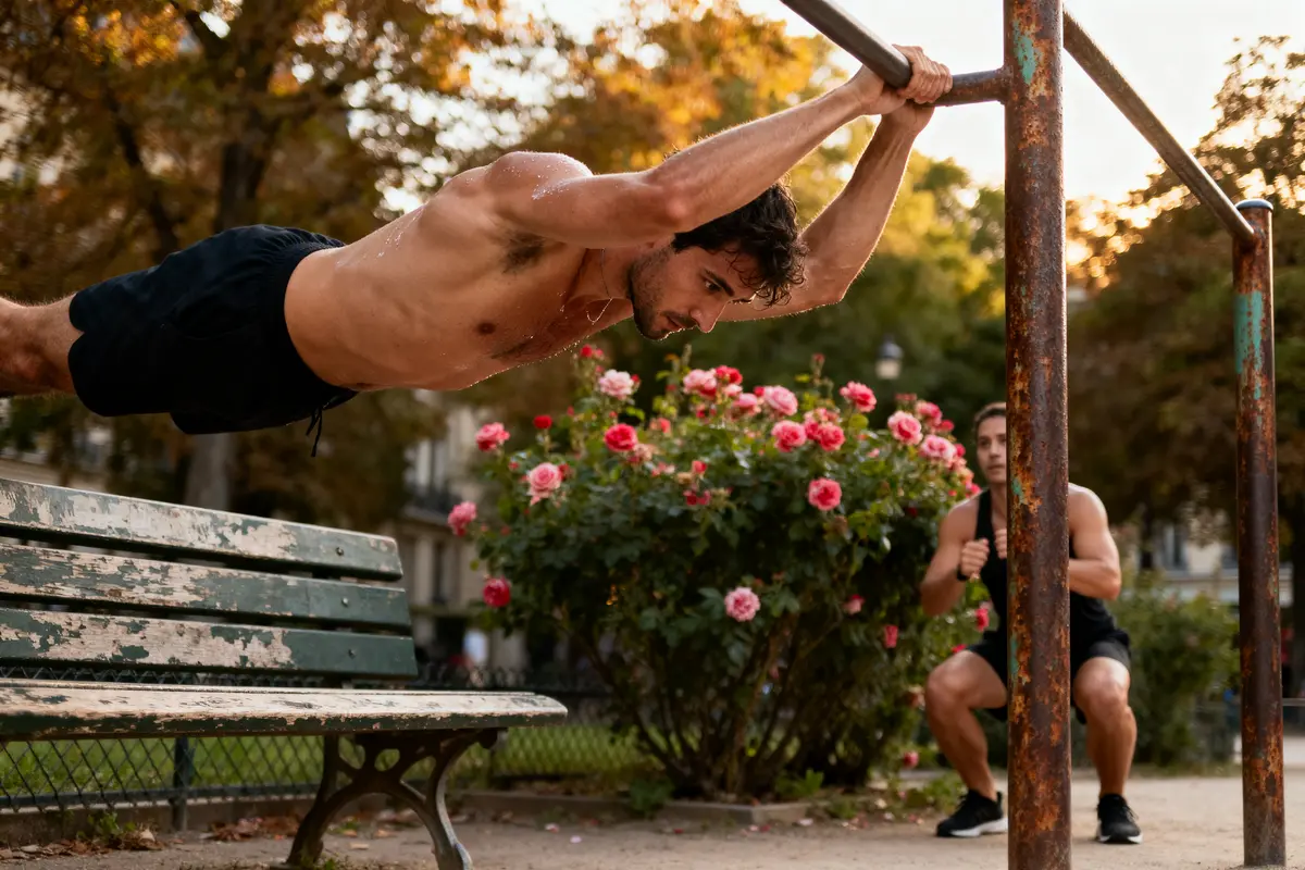 Un homme effectue un exercice de street workout sur une barre, entouré de fleurs et d'arbres.
