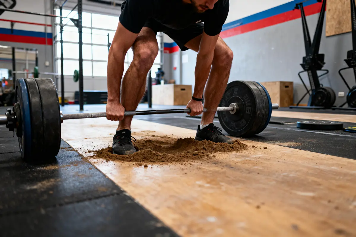 Personne soulevant une barre de musculation chargée, entourée de sable, dans une salle de sport.
