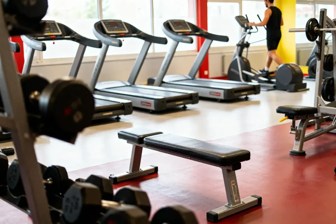 Salle de sport avec tapis roulants, bancs de musculation, haltères et une personne sur elliptique.