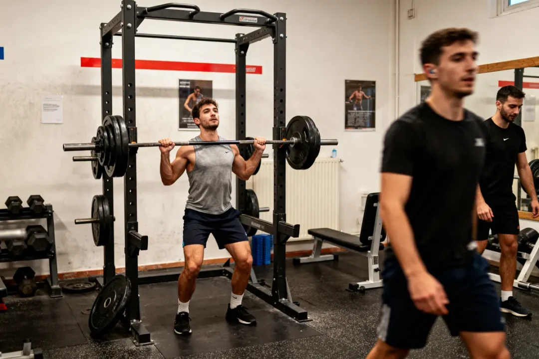 Un homme soulève une barre avec poids dans une salle de sport, deux autres hommes en arrière-plan.