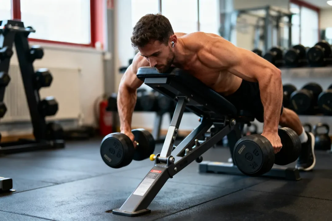 Homme musclé s'entraînant avec haltères sur banc incliné dans une salle de sport, écouteurs aux oreilles.