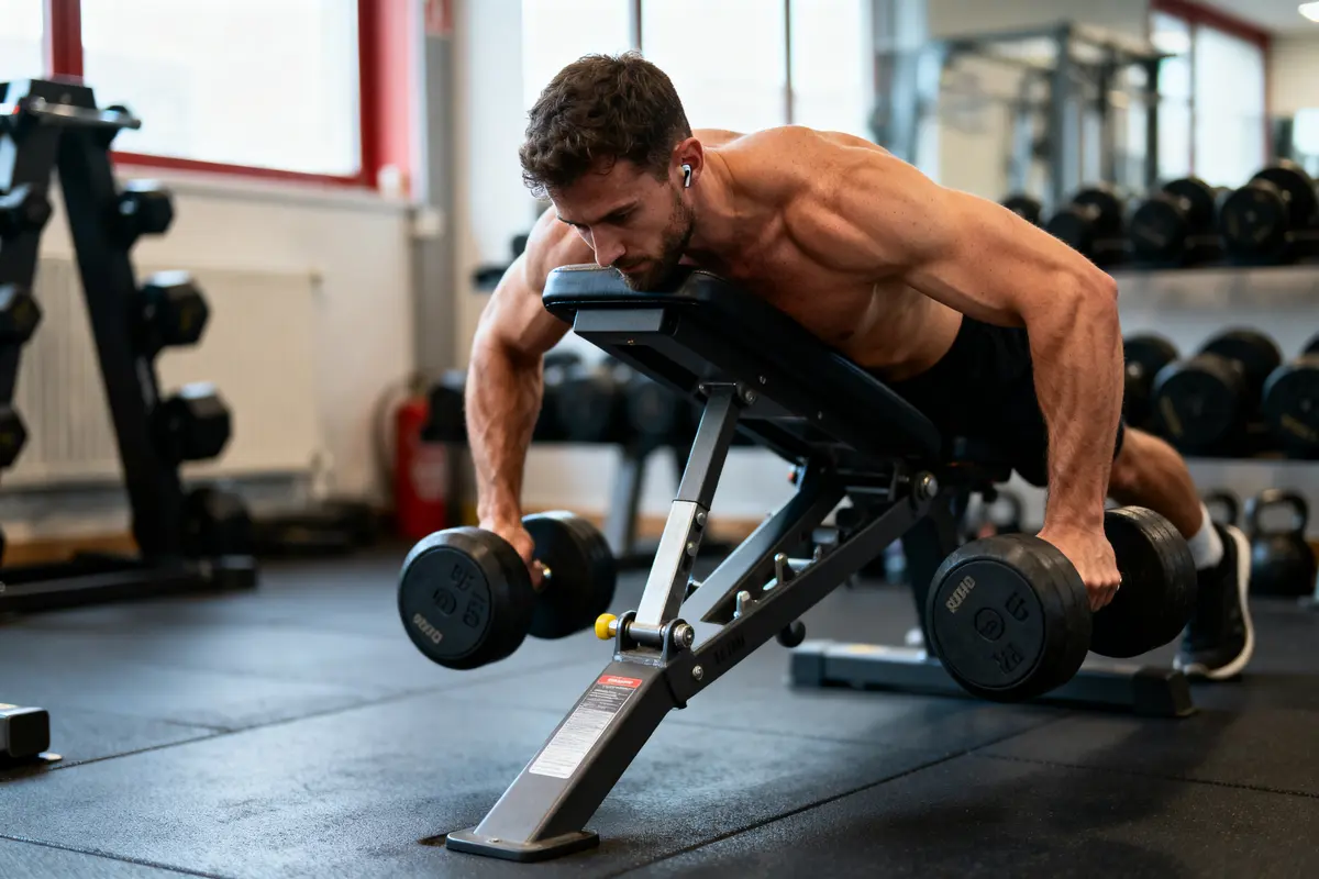 Homme musclé s'entraînant avec haltères sur banc incliné dans une salle de sport, écouteurs aux oreilles.