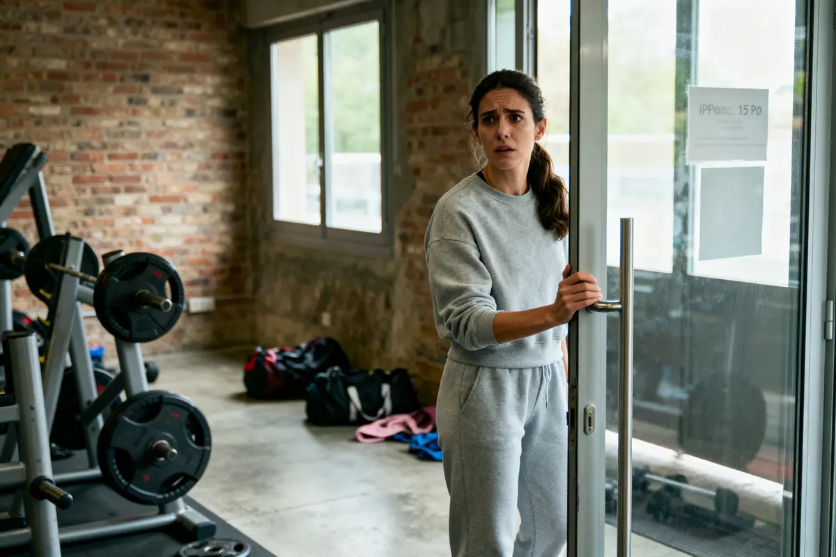 Femme inquiète en survêtement gris ouvre la porte d'une salle de sport. Poids et sacs visibles derrière.