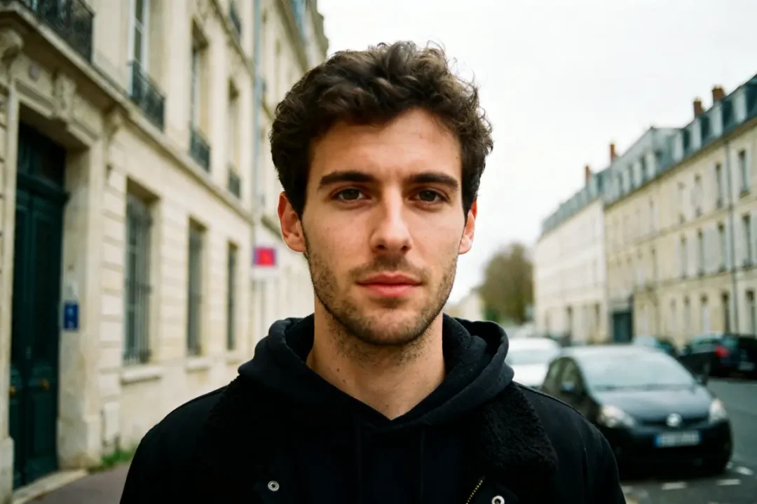 Jeune homme en sweat à capuche noir, debout dans une rue urbaine avec voitures et immeubles anciens.