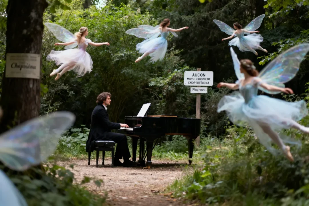 Pianiste jouant en forêt, entouré de fées aux robes pastel dansantes. Panneau en arrière-plan.