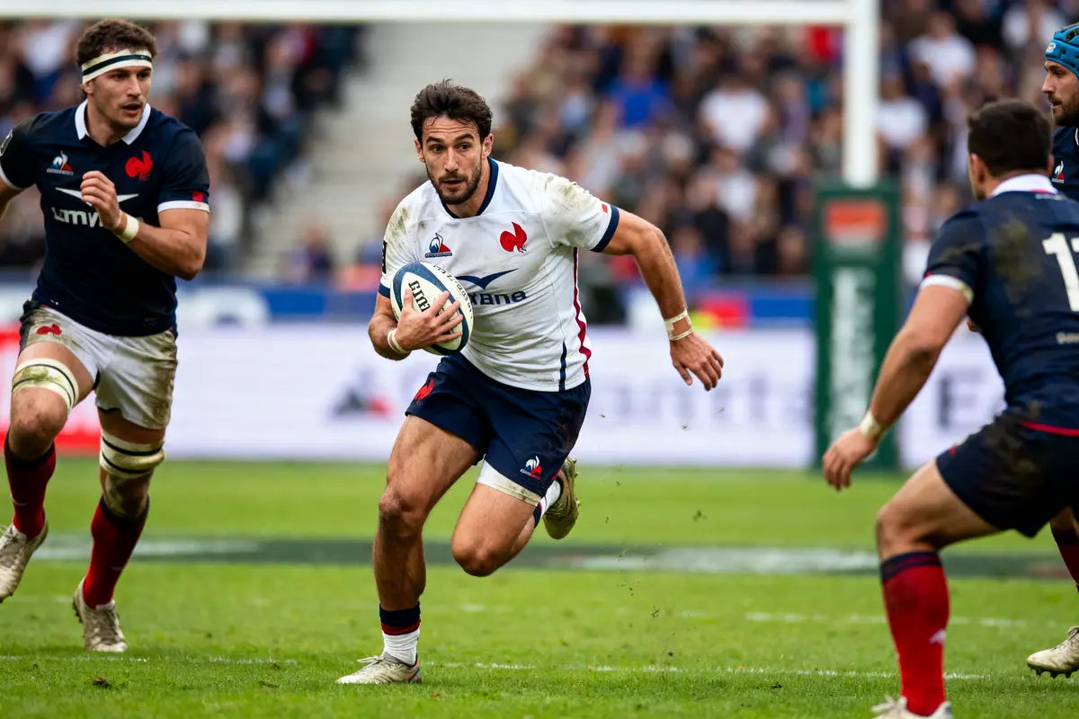 Joueur de rugby en action, portant un maillot blanc avec logo rouge, court avec le ballon, adversaires proches.