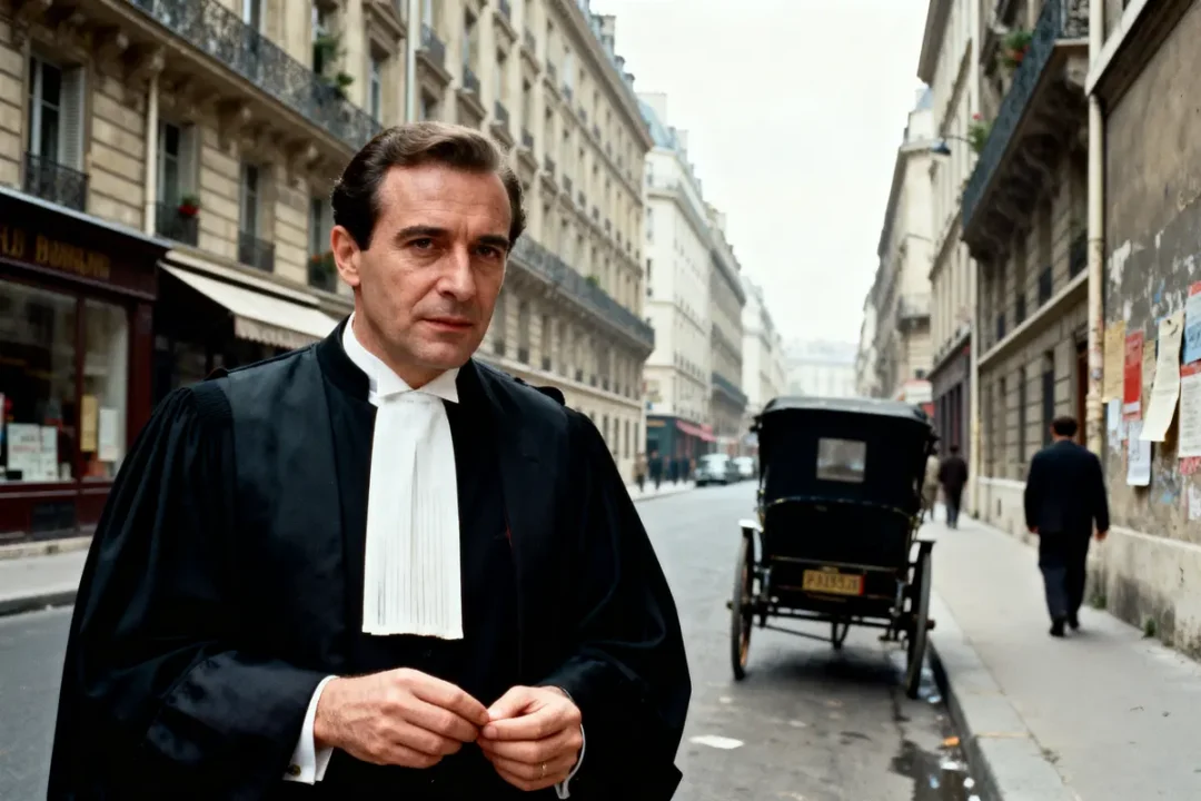 Homme en robe d'avocat pose dans rue parisienne, voiture à cheval à l'arrière-plan.