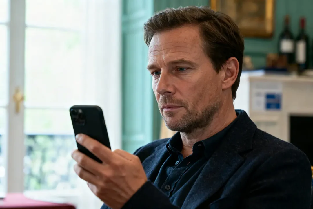 Un homme concentré regarde son smartphone, assis dans une pièce bien éclairée avec des fenêtres et des bouteilles de vin.