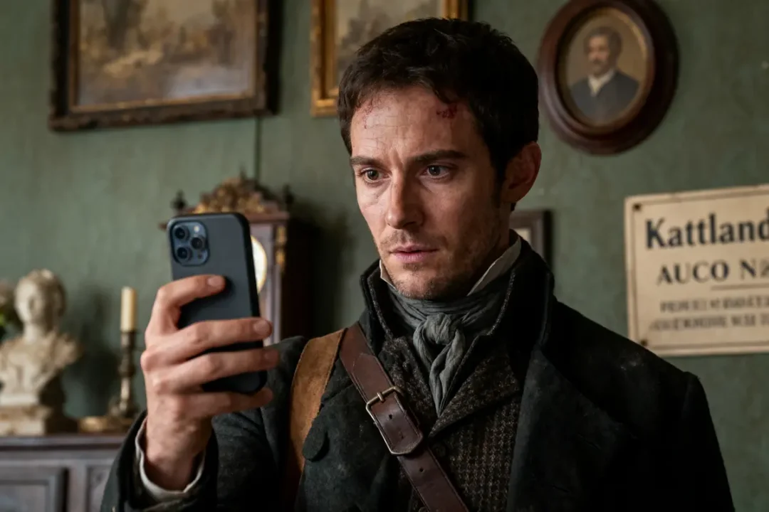 Homme habillé rétro, regardant un téléphone moderne, intérieur avec décor ancien, tableaux et horloge.