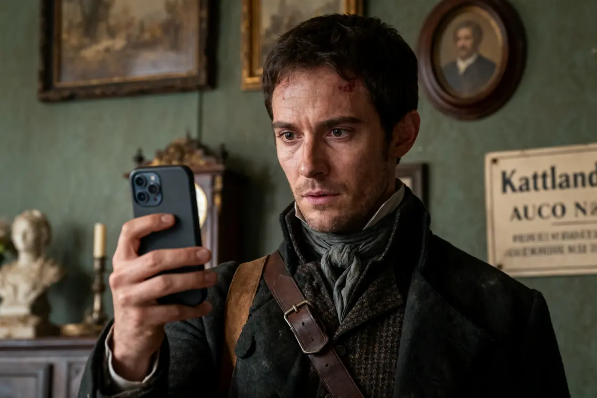 Homme habillé rétro, regardant un téléphone moderne, intérieur avec décor ancien, tableaux et horloge.