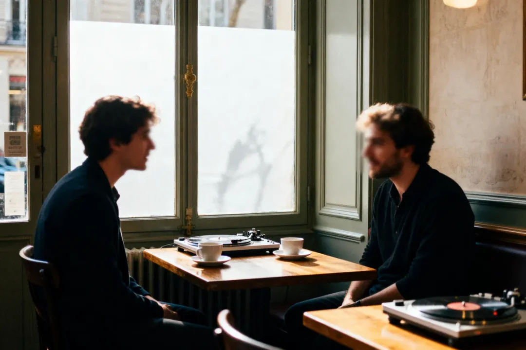 Deux hommes discutent dans un café, avec des tasses de café et une platine vinyle sur la table.