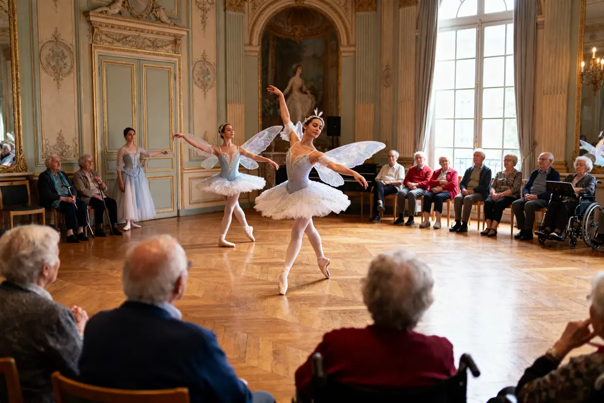 Danseuses de ballet en tutus, dansant devant des personnes âgées assises dans une salle élégante.