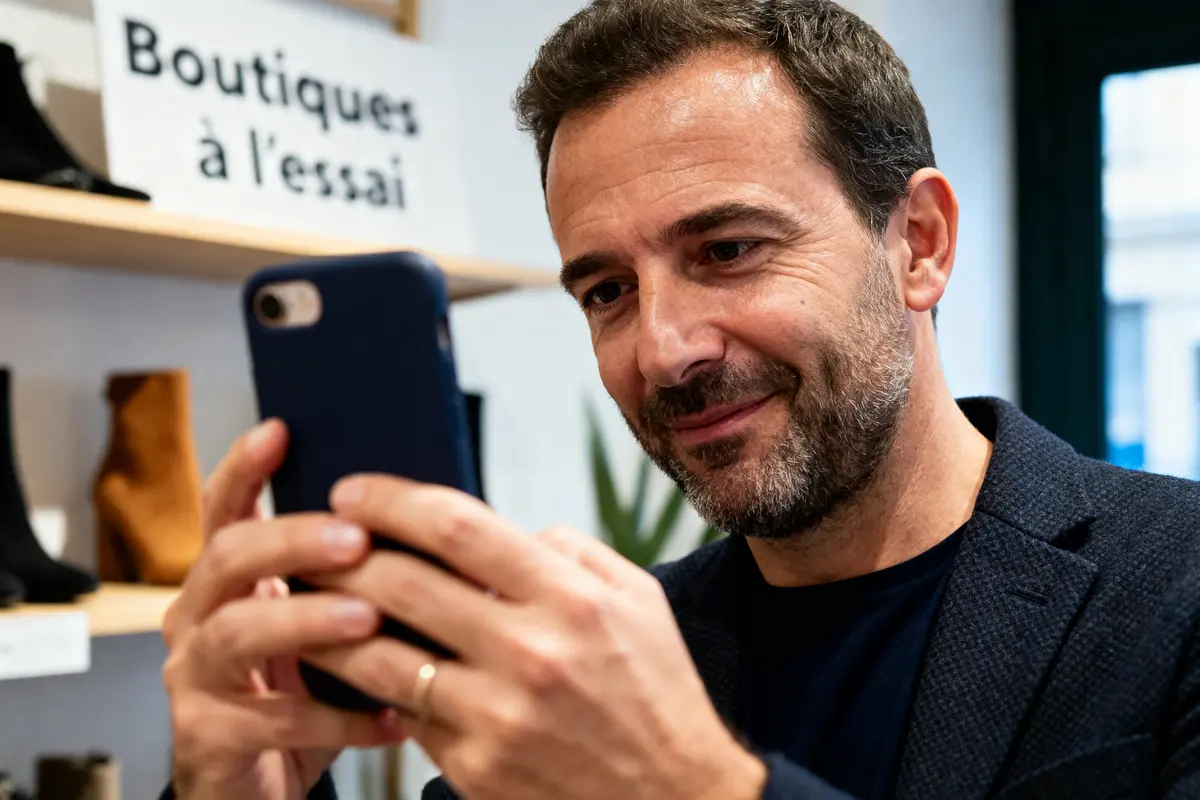 Homme souriant utilisant un smartphone dans une boutique, avec panneau "Boutiques à l’essai" en arrière-plan.