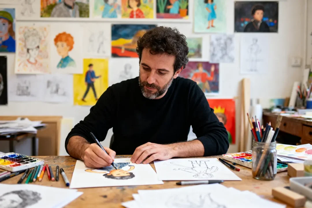 Un artiste dessine sur une table entourée de croquis et peintures, dans un atelier coloré et inspirant.