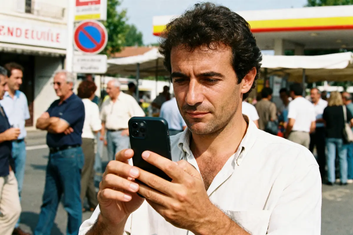 Homme concentré sur son smartphone, foule floue en arrière-plan, scène urbaine avec panneaux et personnes.