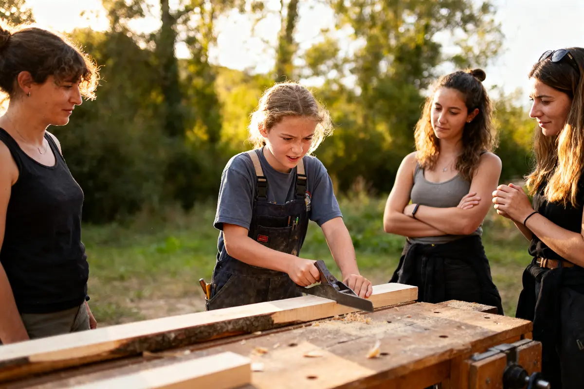 Jeune fille rabotant du bois, observée par trois femmes, en plein air, à côté d'une table de travail.