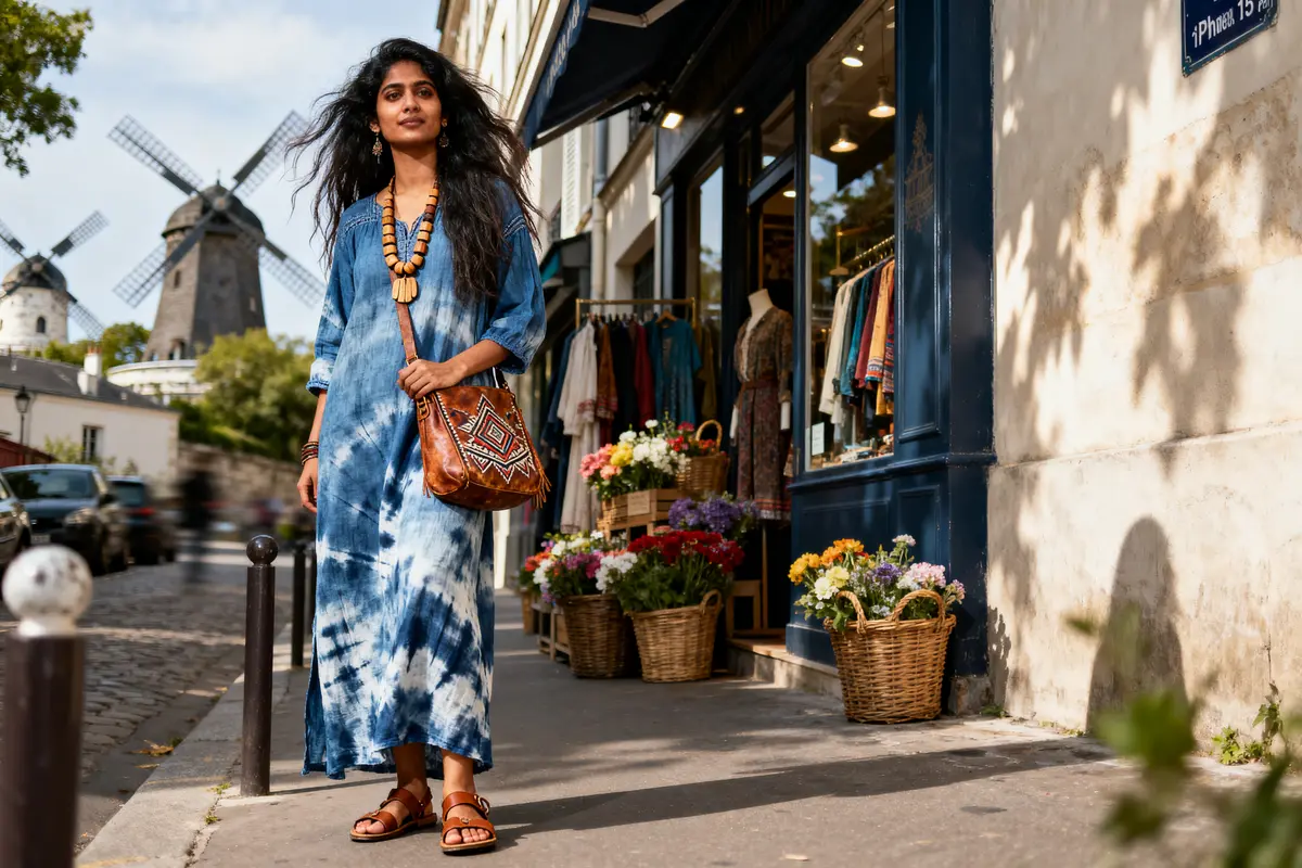 Femme en robe bleue marche à côté d'une boutique colorée, moulins à vent en arrière-plan.