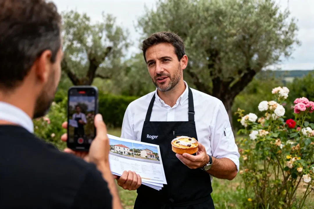 Homme en tablier tenant pâtisserie et brochure, filmé dans jardin fleuri.