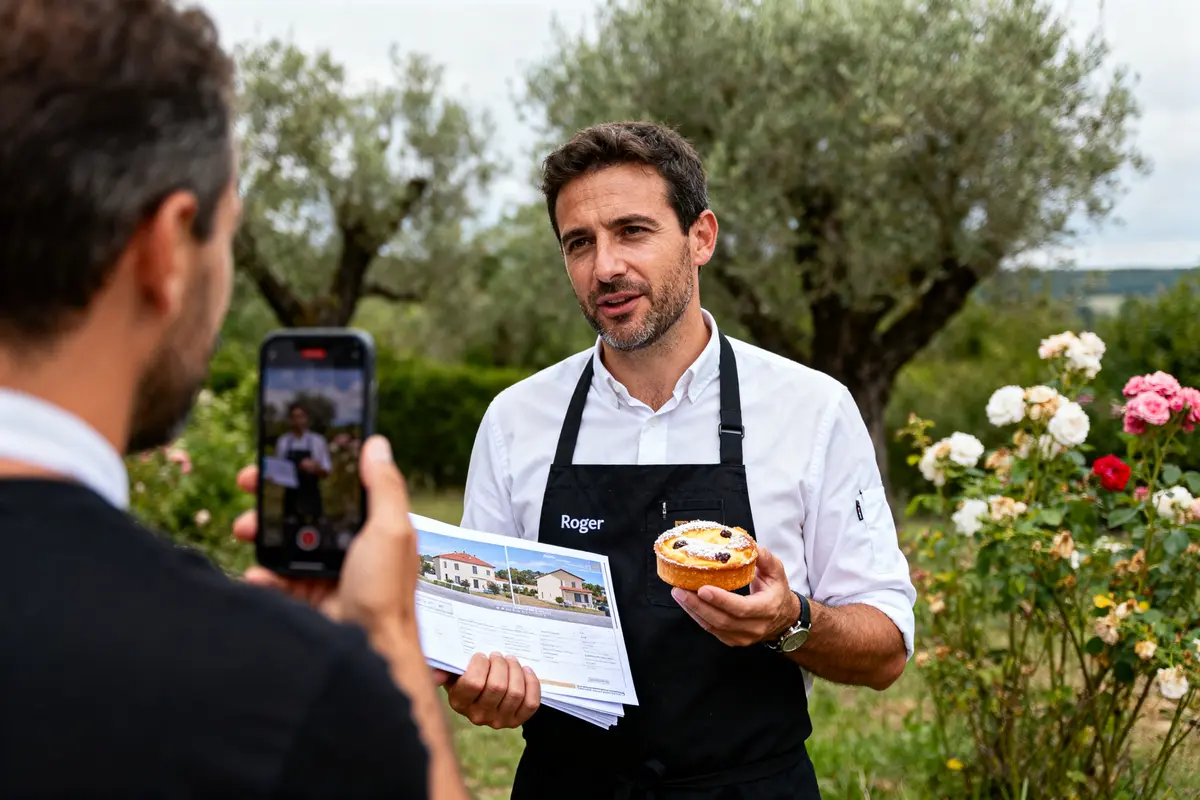 Homme en tablier tenant pâtisserie et brochure, filmé dans jardin fleuri.