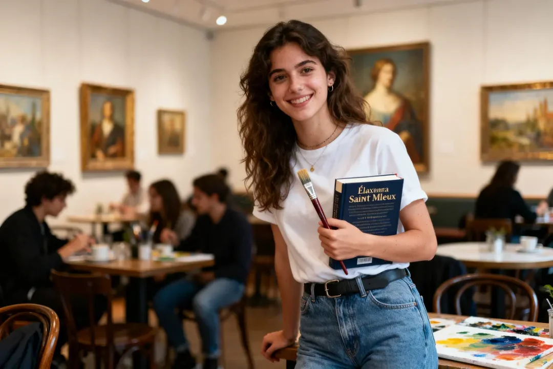 Jeune femme souriante dans un café, tenant un livre et un pinceau, avec tableaux en arrière-plan.