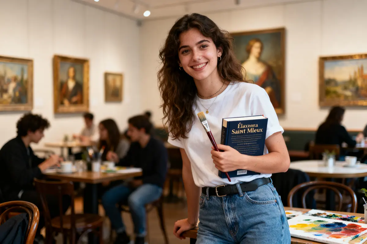 Jeune femme souriante dans un café, tenant un livre et un pinceau, avec tableaux en arrière-plan.