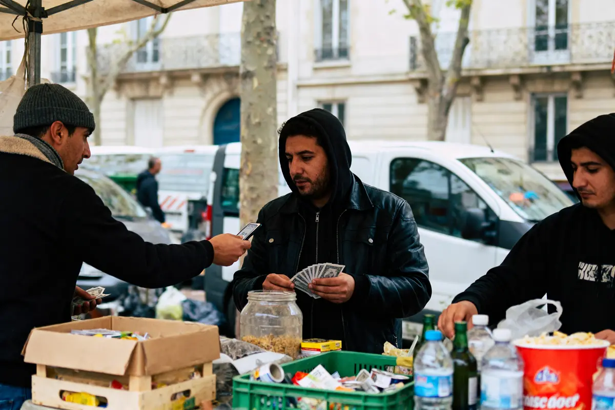 Un vendeur de rue échange de l'argent contre des produits sous un étal extérieur.