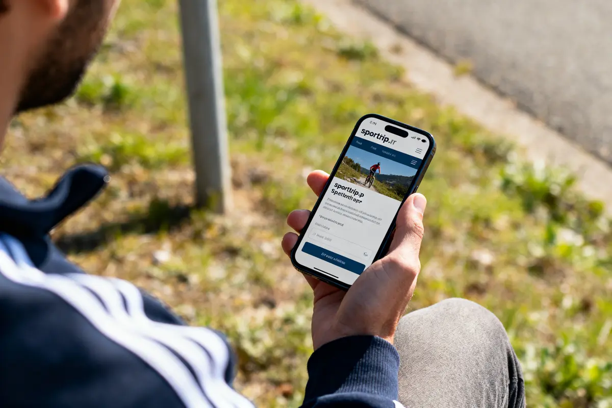 Personne tenant un smartphone affichant le site sporttrip.fr, en extérieur, sur un sol herbeux et ensoleillé.